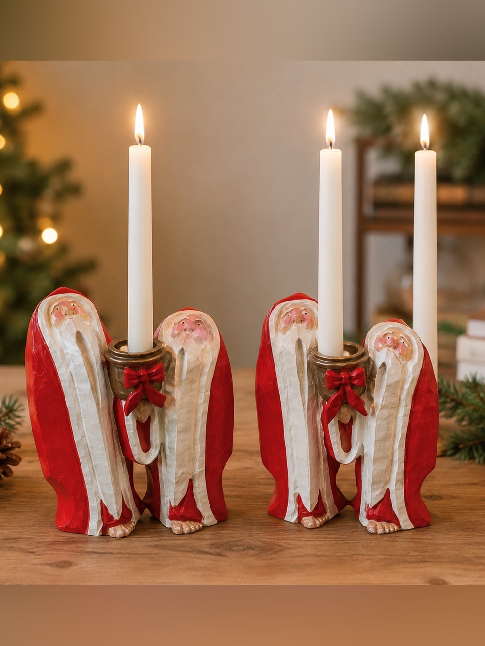 2 VTG Dept 56 Barefoot Santa Figurine Taper Candle Holder Christmas Rare